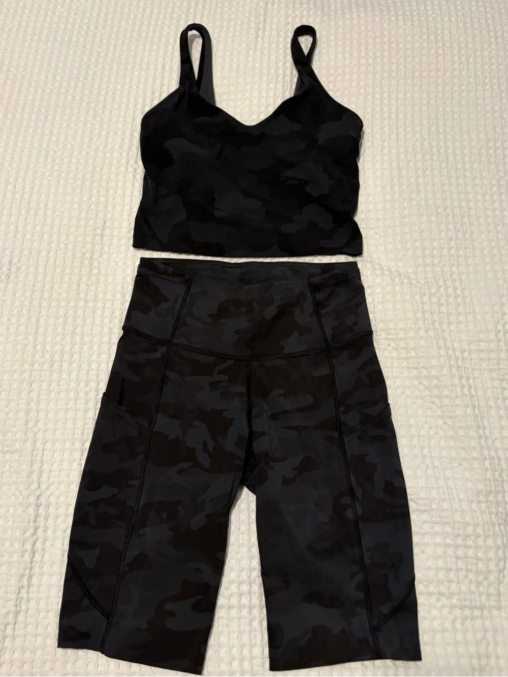 Lululemon Women’s Black Camo High-Waist Bike Shorts and top set